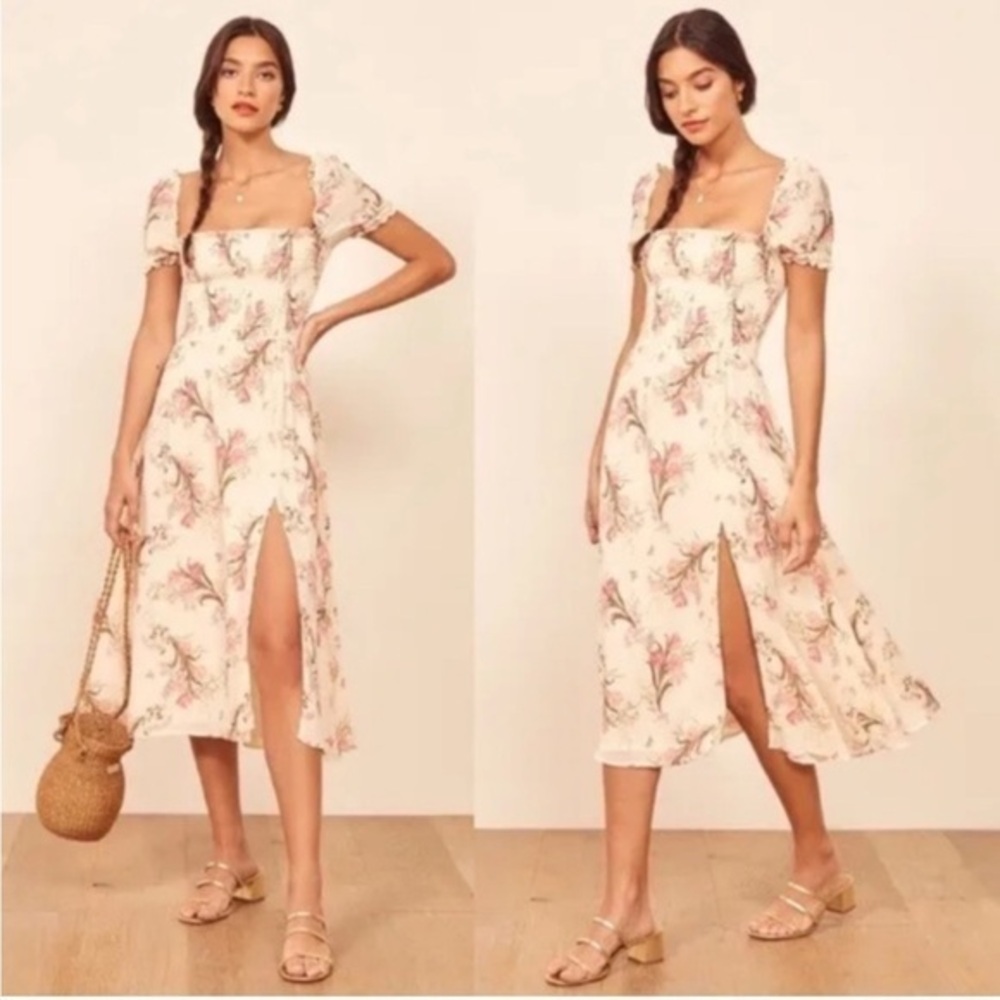 Reformation Floral Midi Dress in Cream and Pink